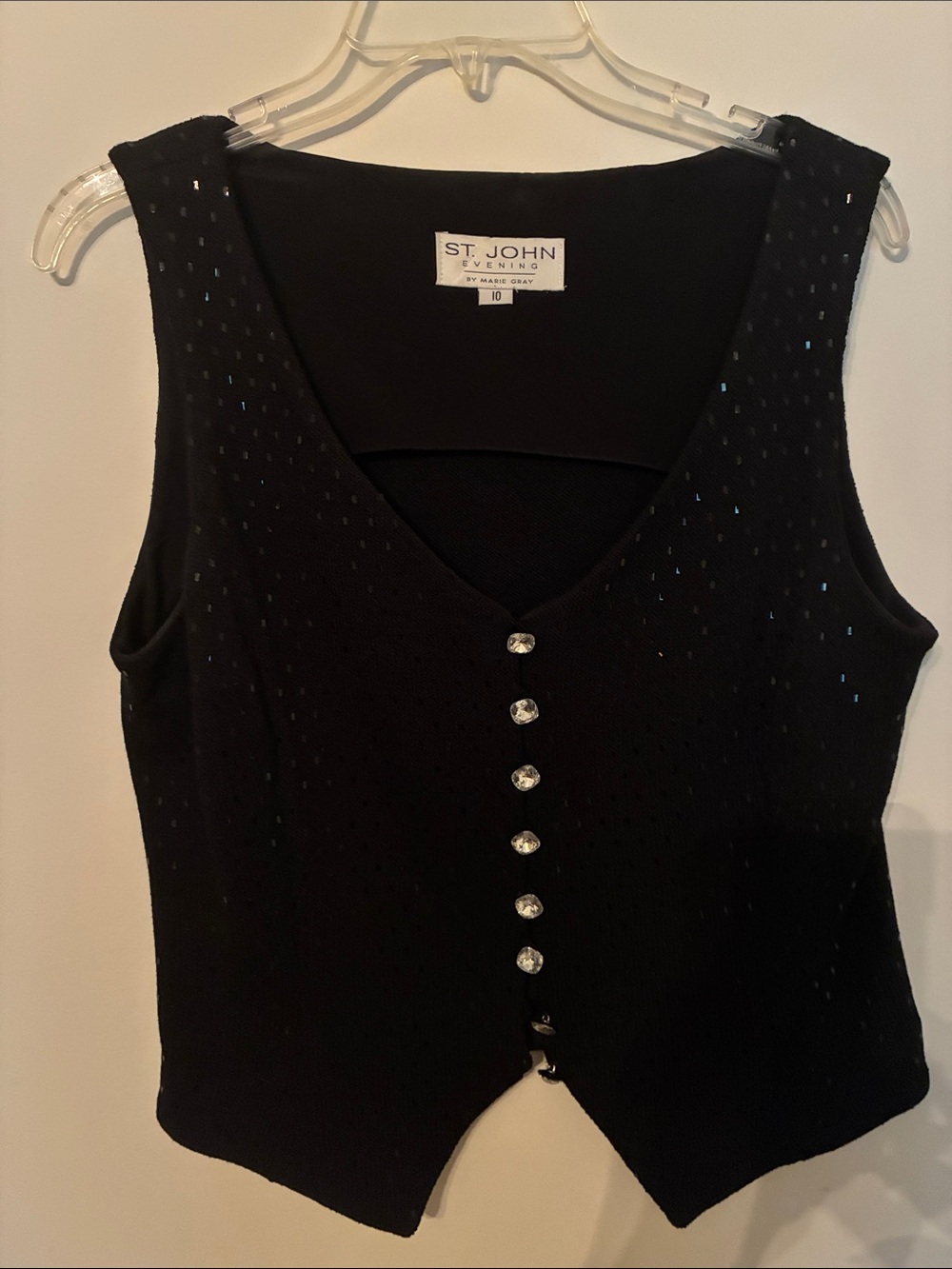 St. John Black Sleeveless V-Neck Tank with Crystal Buttons